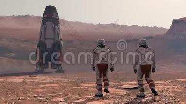 宇航员穿着太空服在<strong>火星</strong>表面行走。 探索<strong>火星</strong>任务。 未来殖民和